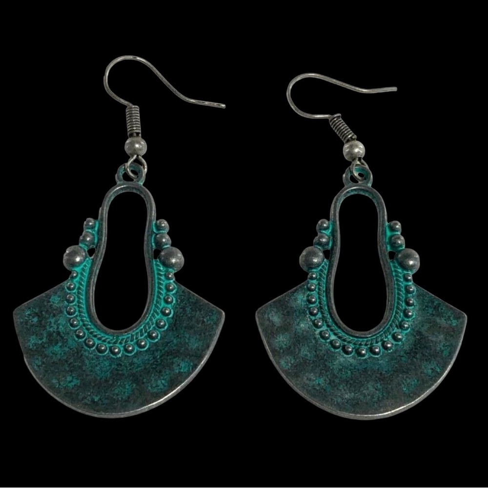 Antique-Style Patina Silver Dangle Earrings With Tribal Bohemian Design 2.25 Inc